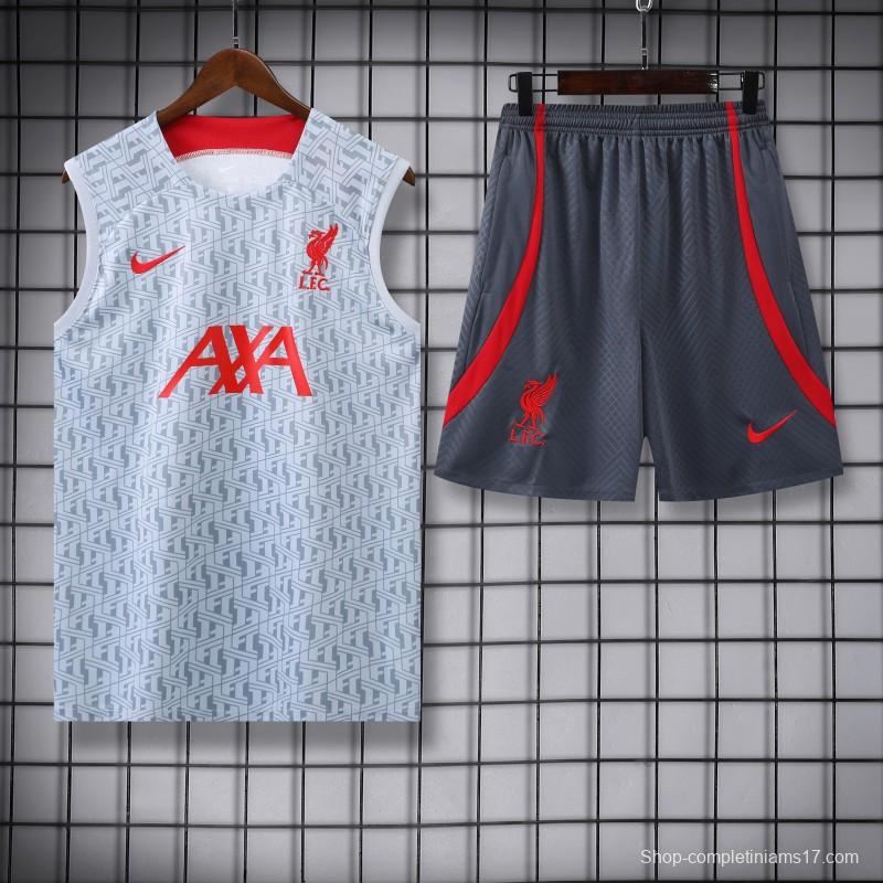 23-24 Liverpool White/Grey Grid Vest Jersey+Shorts