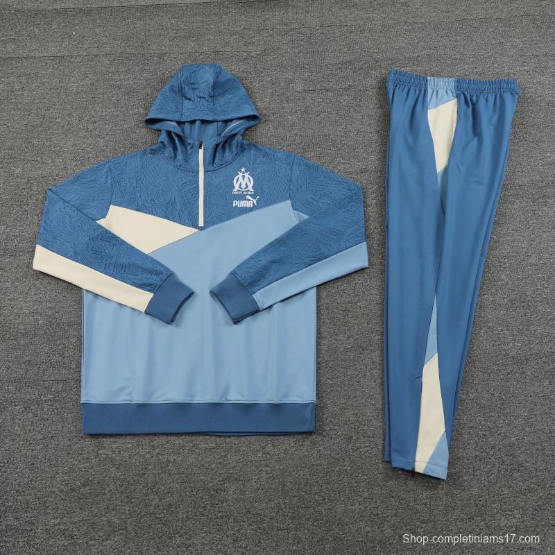 23/24 Olympique Marseille Blue Half Zipper Hoodie Jacket +Pants