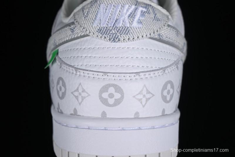 Nike SB Dunk Low Louis Vuitton Collaboration - White Grey Print High-End Custom Low-Top Casual Skate Shoes - LV0526-592