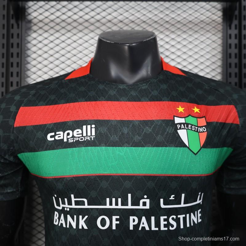 Player Version 25/26 CD Palestino Away Black Jersey with Red-Green Stripes and Bank of Palestine Sponsor