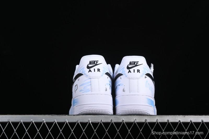 Nike Air Force 1 '07 Low Casual Sneakers with Anime-inspired Blue Spray Paint Design - CW2288-111
