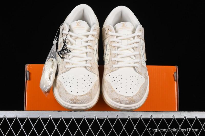 Nike SB Dunk Low LV Collaboration - Beige Swoosh Anniversary High-End Custom Low-Top Casual Skate Shoes - SJ2068-258