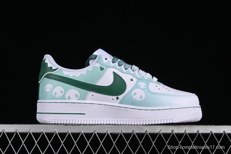 Nike Air Force 1 '07 Low Witch Collaboration Custom Leather Sneakers with Skull and Gradient White-Green Design - CW2288-111