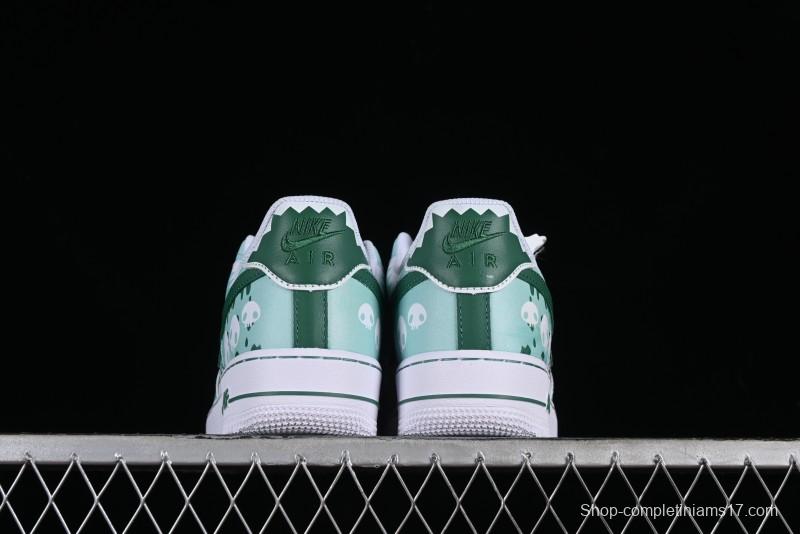 Nike Air Force 1 '07 Low Witch Collaboration Custom Leather Sneakers with Skull and Gradient White-Green Design - CW2288-111