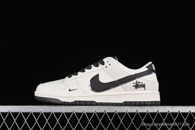 Stussy x Nike SB Dunk Low Anniversary Customized Casual Sneakers in Off-White Black Swoosh - DQ1098-378