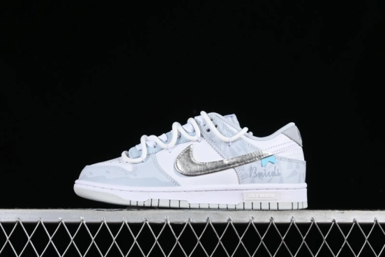 Nike Dunk Low Retro SB Casual Skate Shoes in Light Grey Blue with Silver Swoosh and Deconstructed Straps - HF0730-160
