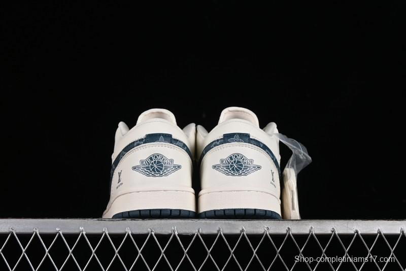 Nike Air Jordan 1 Low LV Collaboration - White with Blue Swoosh Custom Casual Sneakers - WG8850-005