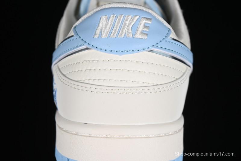 Stussy x Nike Dunk Low SB Skate Shoes in White with Light Blue Swoosh - DQ1098-380