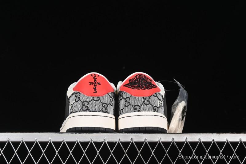 Nike Travis Scott x Fragment Design x Air Jordan 1 Low OG SP AJ1 Gucci Collaboration - Black Grey Pattern Low Top Casual Sneakers - XY2688-117