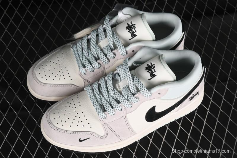 Nike Air Jordan 1 Low Stussy Collaboration - Black Blue Pigment Patchwork Retro Basketball Shoes - LJ6688-008