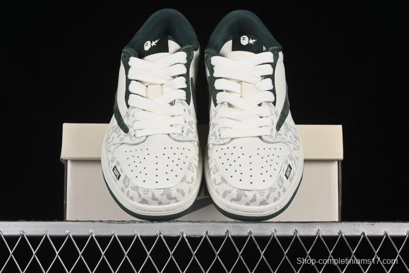 Nike Travis Scott x Fragment Design x Air Jordan 1 Low OG SP AJ1 Bape Collaboration - Camo Green Low Top Casual Sneakers - JH6088-614