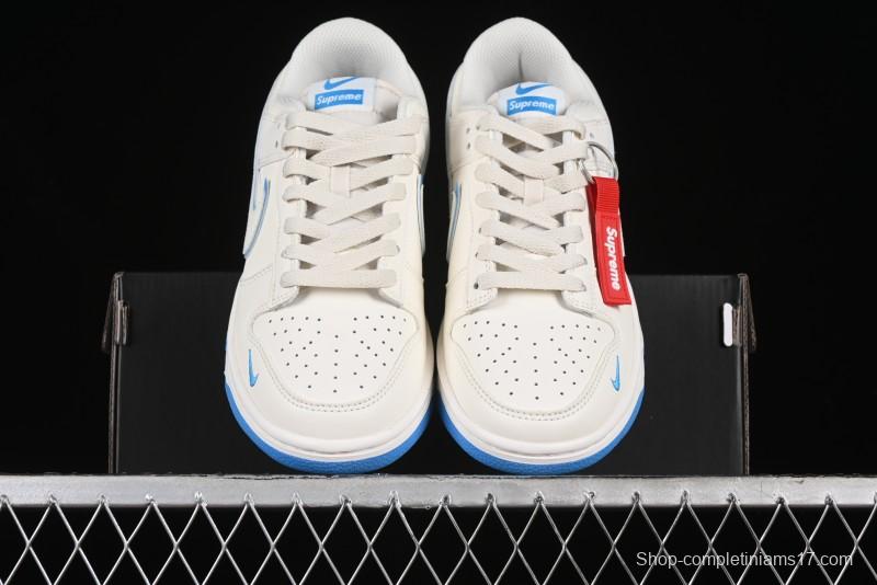 Nike SB Dunk Low Supreme Collaboration - Cream White with Sky Blue Swoosh Anniversary Customized Low-Top Casual Skate Shoes - DJ2024-012