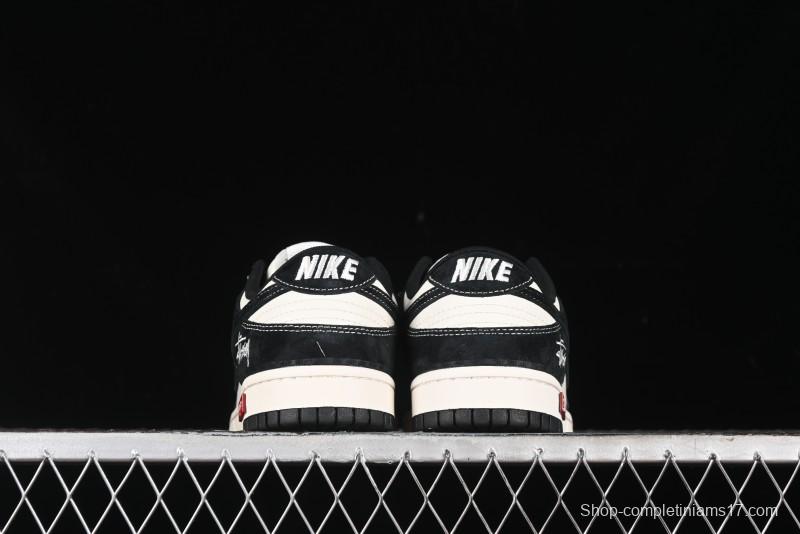 Nike SB Dunk Low Supreme x Stussy Triple Collaboration - Black White Black Swoosh Anniversary Custom Low Top Casual Skate Shoes - SJ2068-300
