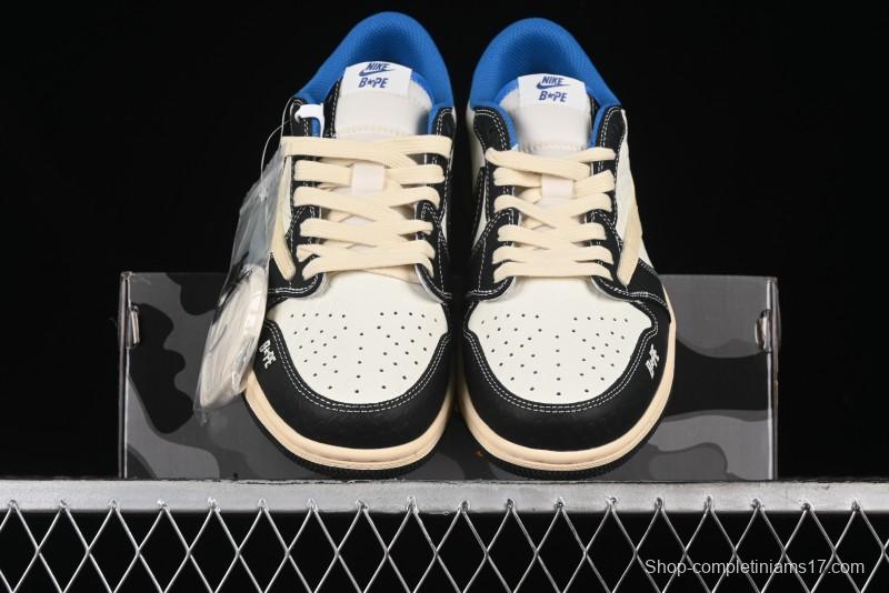 Nike Travis Scott x Fragment Design x Air Jordan 1 Low OG SP AJ1 Bape Collaboration - Crocodile Leather Black White Blue Low Top Casual Sneakers - XZ2828-001