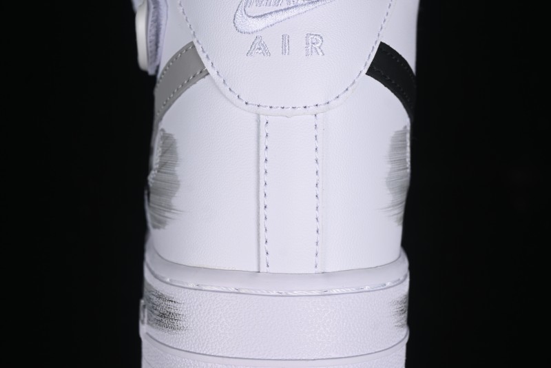 Nike Air Force 1 '07 Mid Casual Sneakers in White/Grey/Black with Hand-Painted Cracked Swoosh Shadow Detail - CW2289-111