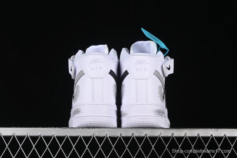 Nike Air Force 1 '07 Mid Casual Sneakers in White/Grey/Black with Hand-Painted Cracked Swoosh Shadow Detail - CW2289-111