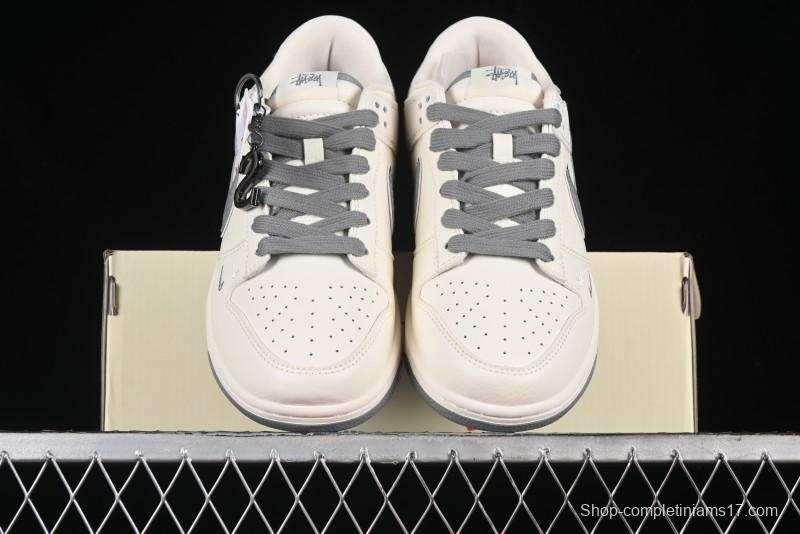 Nike SB Dunk Low Stussy Collaboration - Off White Dark Grey Swoosh Anniversary Custom Low-Top Casual Skate Shoes - DQ1098-382