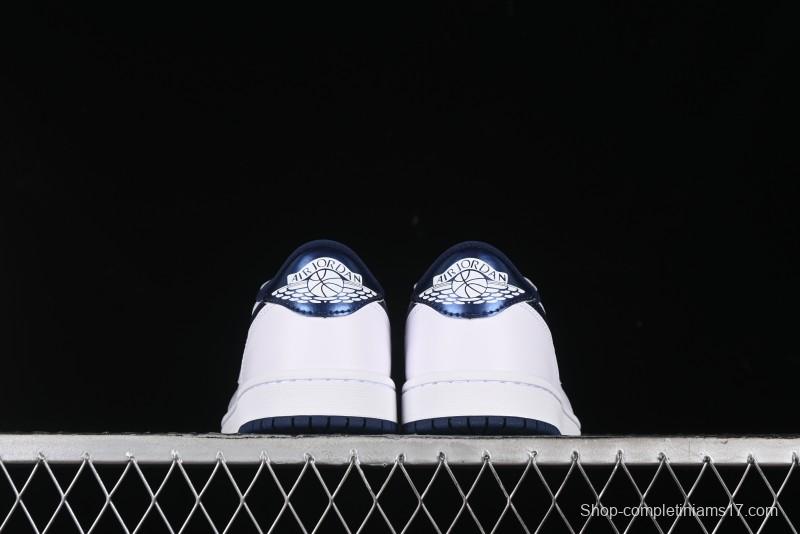 Nike Air Jordan 1 Low 85 Retro Sneakers in White with Metallic Blue Swoosh - FB9933-141