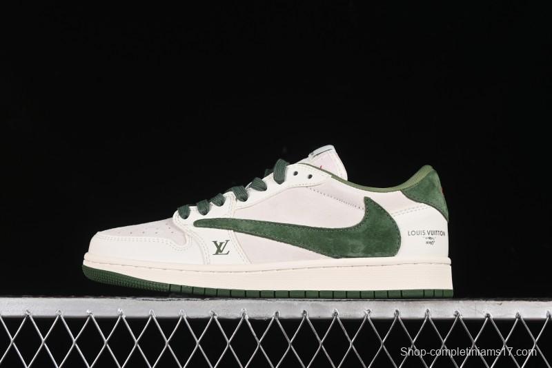 Nike Travis Scott x Fragment Design x Air Jordan 1 Low OG SP AJ1 LV Collaboration - Grey Green Pigskin Low Top Casual Sneakers - XZ1268-005
