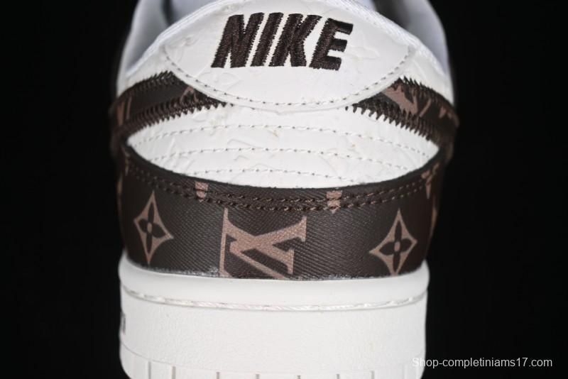 Nike SB Dunk Low LV Collaboration - Embossed White Brown Print Anniversary High-End Custom Low-Top Casual Sneakers - DQ1098-360
