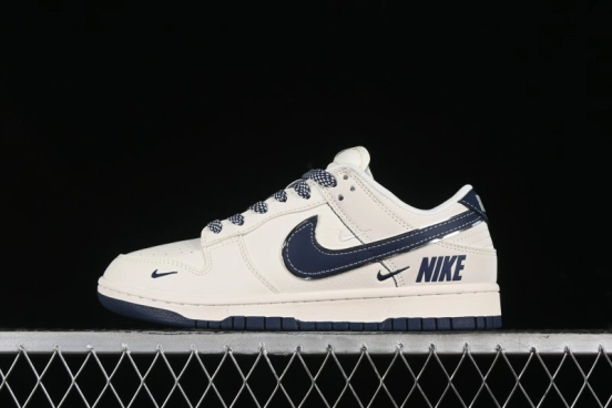 Nike SB Dunk Low Anniversary Premium Custom Low-Top Casual Skate Shoes in Off-White with Navy Blue Swoosh - SJ1089-004