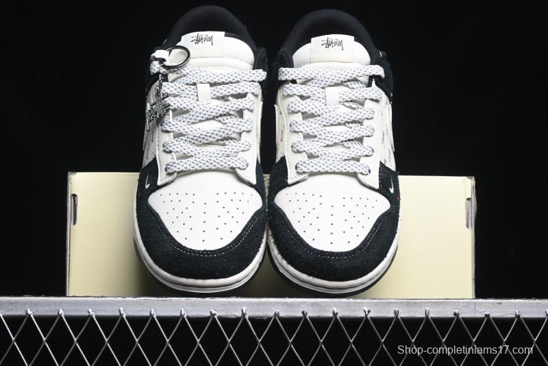 Nike SB Dunk Low Stussy Collaboration - Black White Mini Swoosh Anniversary Custom Low-Top Casual Skate Shoes - XY1688-017