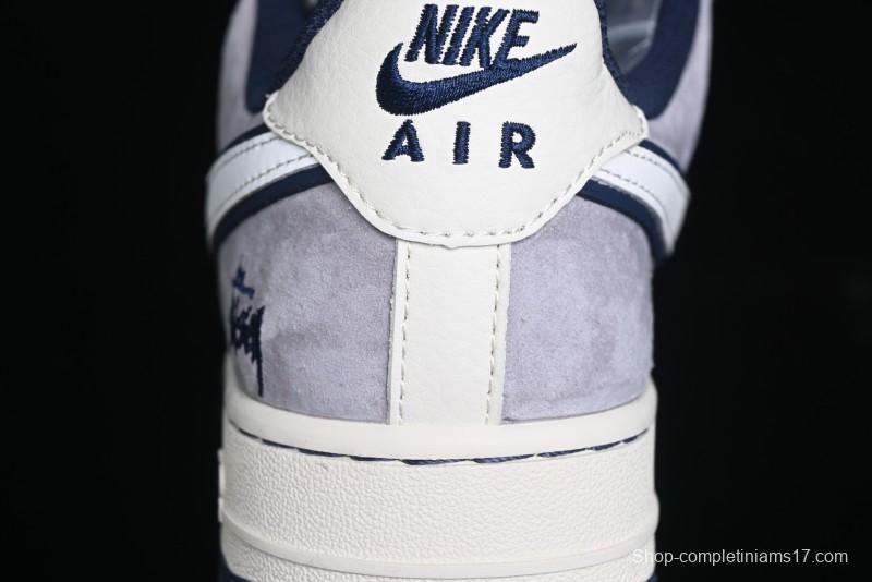 Nike Air Force 1 '07 Low Stussy Collaboration - Grey White with Blue Outsole Low-Top Casual Sneakers - SJ6698-006