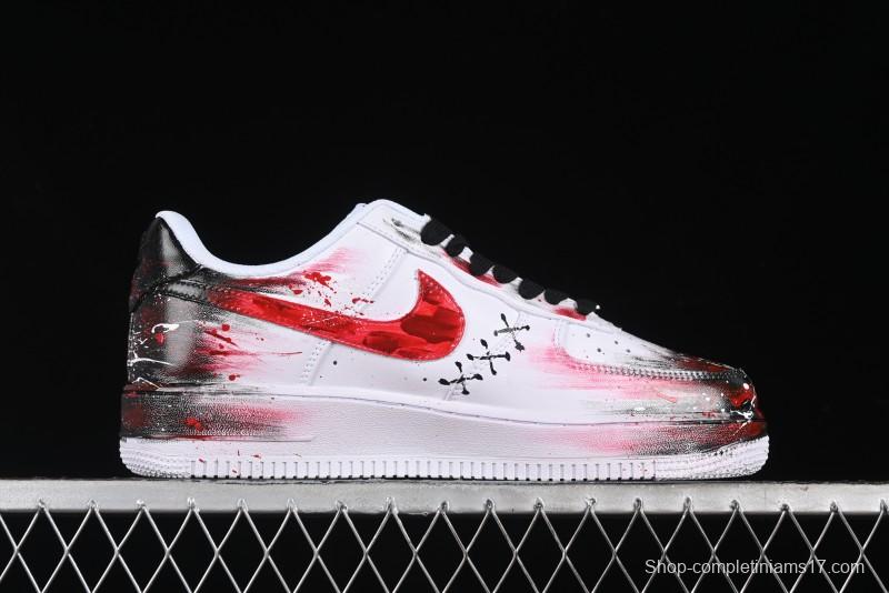 Nike Air Force 1 '07 Low Casual Sneakers with 2D Black and White Hand-Painted Blood Night Stitching Design - CW8822-011