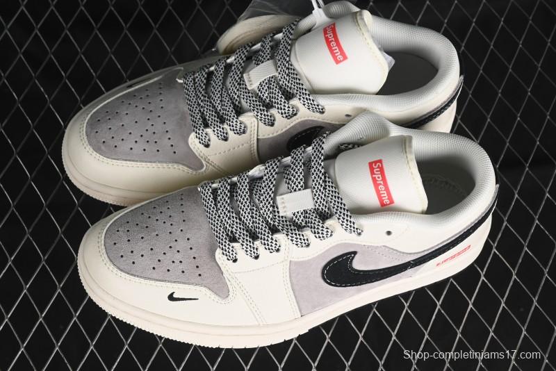 Nike Air Jordan 1 Low Supreme Collaboration - Dual-Tone Black Swoosh Custom Retro Basketball Shoes - SJ9950-043