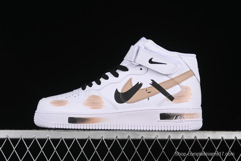 Nike Air Force 1 '07 Mid Hand-Painted White Black Brown with Swoosh Shadow Strap Mid-Top Casual Sneakers - CW2289-111