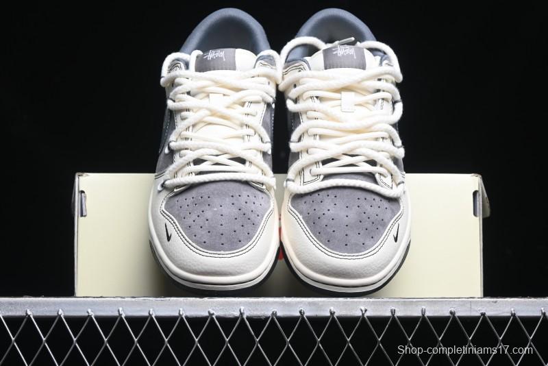 Nike SB Dunk Low Stussy Collaboration - Lace-Up Grey White Grey Check Anniversary High-End Custom Low-Top Casual Skate Shoes - YX5066-207