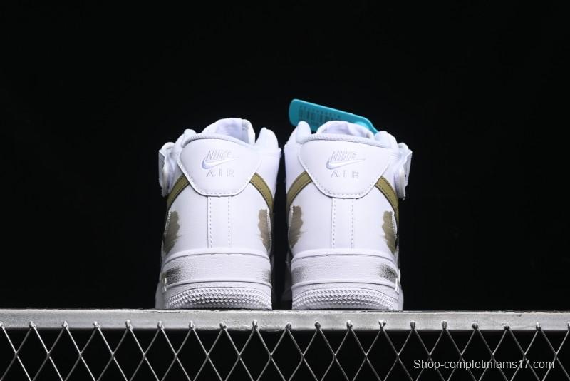 Nike Air Force 1 '07 Mid Hand-Painted Olive Green with Swoosh Shadow Strap Mid-Top Casual Sneakers - CW2289-111