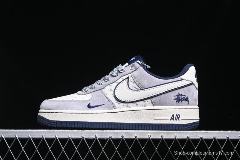 Nike Air Force 1 '07 Low Stussy Collaboration - Grey White with Blue Outsole Low-Top Casual Sneakers - SJ6698-006