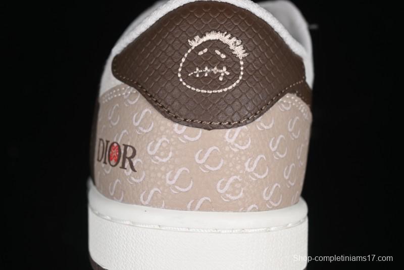 Nike Travis Scott x Fragment Design x Air Jordan 1 Low OG SP AJ1 Snake Year Limited Brown Snake Print Low Top Casual Sneakers - DM7866-074