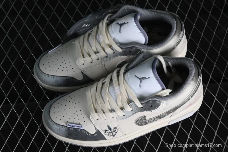 Nike Air Jordan 1 Low AJ1 Panda Prank Modern Gray Floral Low-Top Casual Sneakers - 553560-053