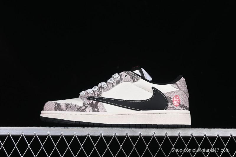 Nike Travis Scott x Fragment Design x Air Jordan 1 Low OG SP AJ1 Snake Year Limited Grey White Snake Scale Low-top Casual Sneakers - XX3318-518
