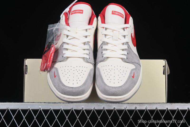 Nike Air Jordan 1 Low AJ1 Supreme Collaboration - White Grey Red Swoosh Retro Basketball Shoes - SJ9950-024