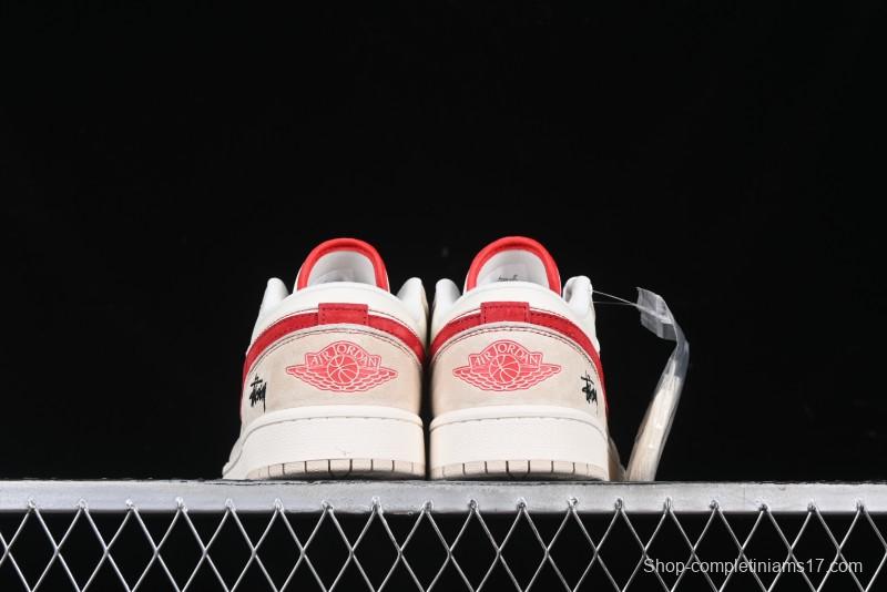 Nike Air Jordan 1 Low Stussy Collaboration Khaki Red Hook Retro Basketball Shoes - SJ9950-040