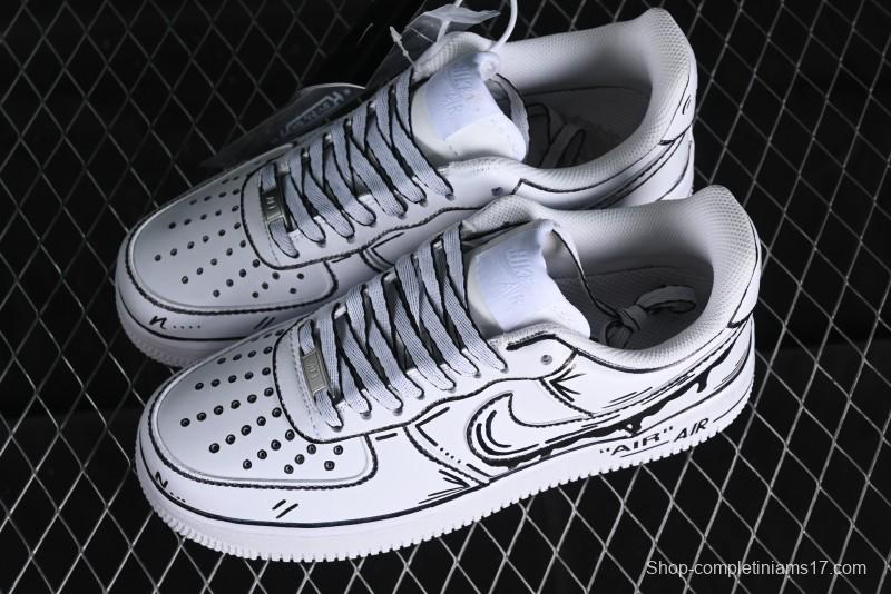 Nike Air Force 1 '07 Low Casual Sneakers with Black and White Hand-Drawn Manga Design - CW2288-811