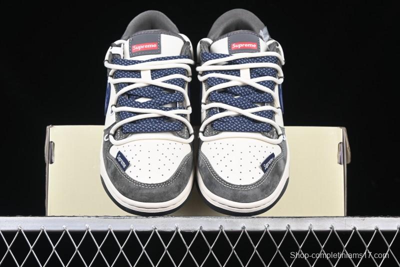 Nike SB Dunk Low Supreme Collaboration - Grey White Blue Swoosh Lace-Up Anniversary Customized Low-Top Casual Skate Shoes - XS1186-100
