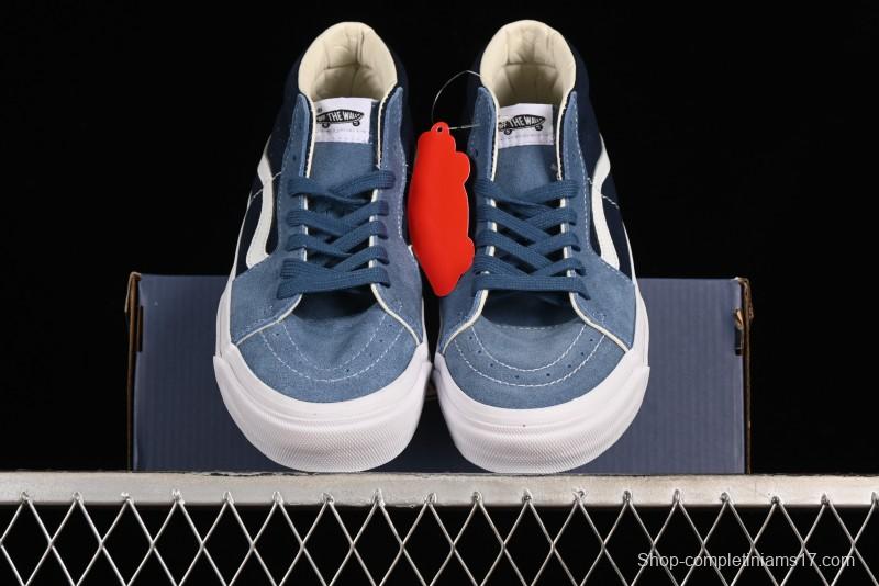 Vans Sk8-Mid Reissue 83 High-End Retro Skate Shoes with Blue Patchwork Suede - VN000CQQDWR