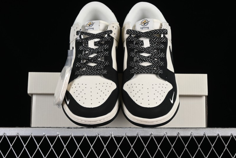 Nike SB Dunk Low Lightning Collaboration - Off White Black Colorway with Mini Swoosh Anniversary Custom Edition Low Top Casual Skate Shoes - XD1688-028