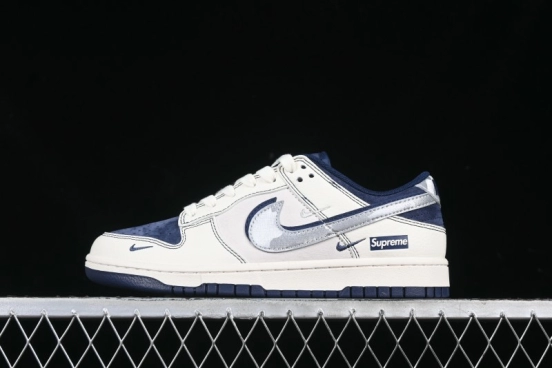 Nike SB Dunk Low Supreme Collaboration Anniversary Edition Customized Low-Top Casual Skate Shoes with Silver-Blue Swoosh and Hidden Pattern - DM6868-044
