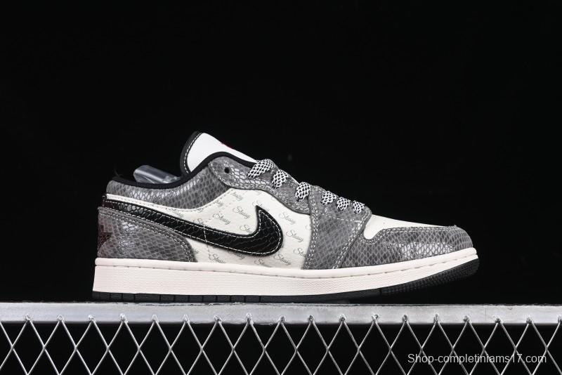 Nike Air Jordan 1 Low Retro Basketball Shoes with Custom Stussy Grey Snake Design - FC1688-202