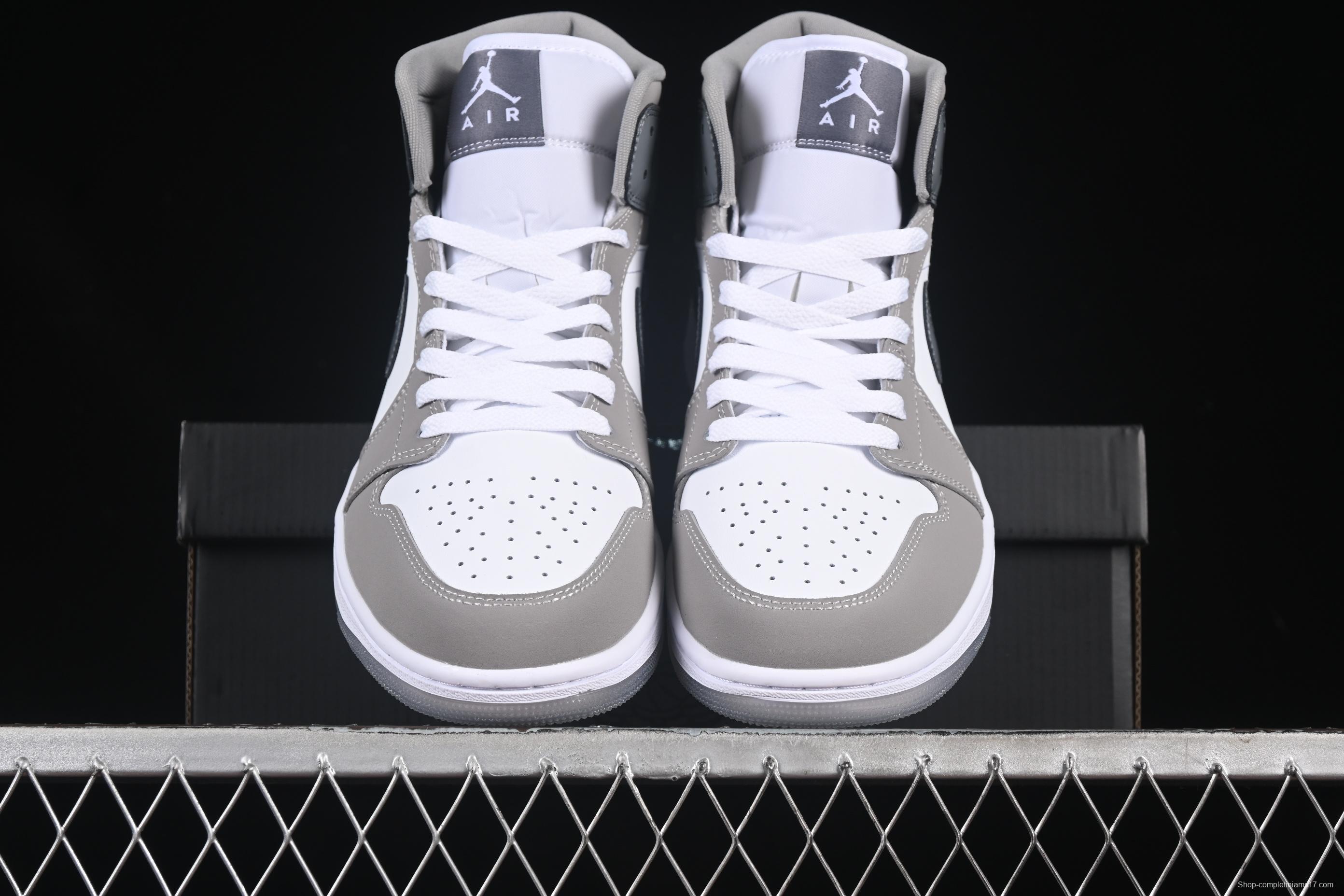 Nike Air Jordan 1 Mid Basketball Shoes in White Grey Patent Leather - HF3216-100