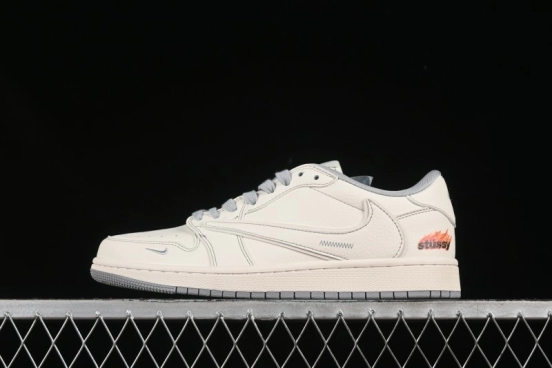 Nike Travis Scott x Fragment Design x Air Jordan 1 Low OG SP AJ1 Stussy Collaboration Light Grey Flame Low-top Casual Sneakers - ZH2598-228
