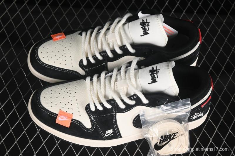 Nike Air Jordan 1 Low Stussy Collaboration Retro Basketball Shoes in Beige Black Yellow - YX5066-302