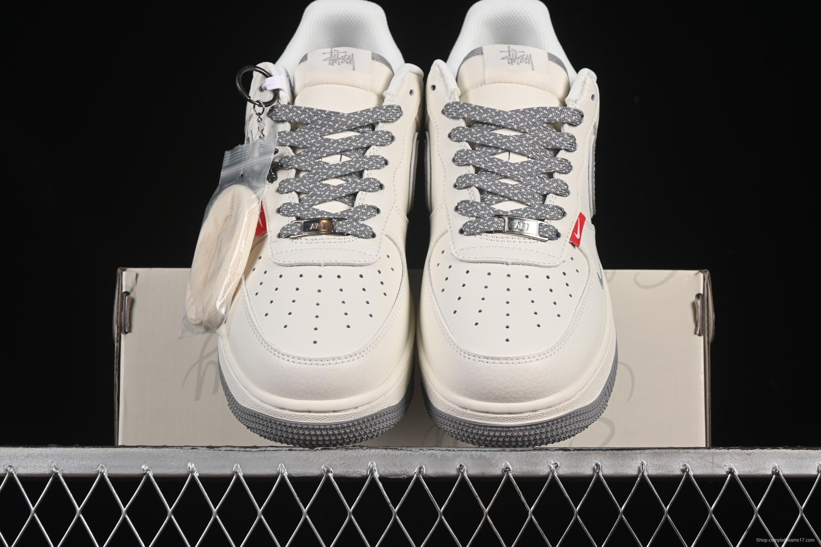 Nike Air Force 1'07 Low Stussy Collaboration Grey Swoosh Grey Base Red Label Casual Sneakers - CS5288-008