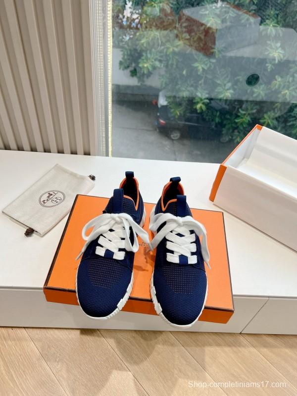 2024 Unisex Hermès Navy Brown Calfskin Suede Knit Sneakers MJ00290