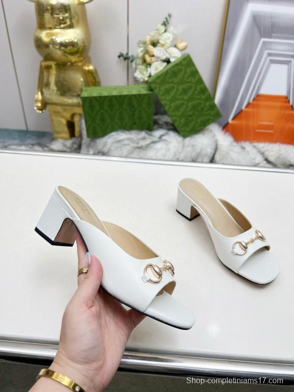 2025 Women Gucci White Leather Heeled Slippers MJ00180